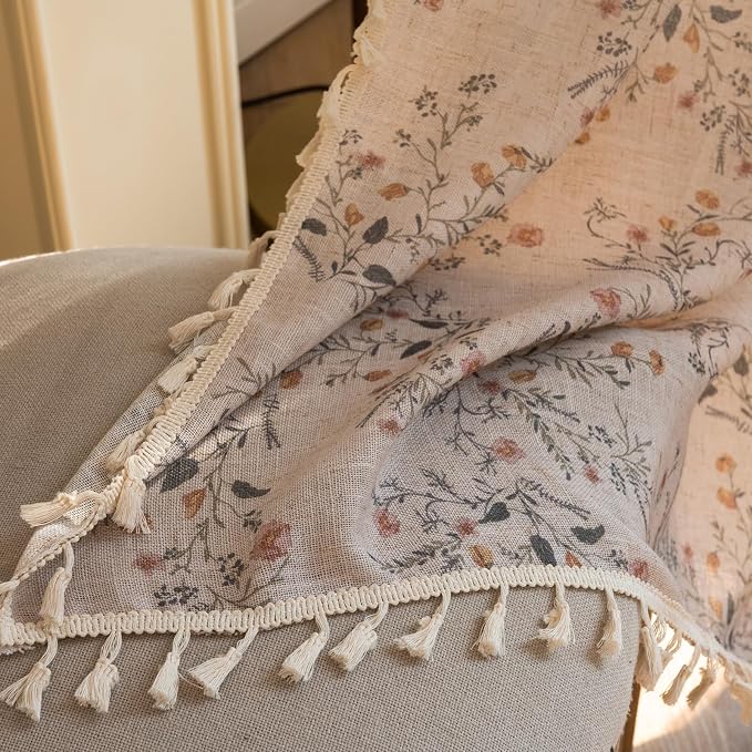 OYX Boho Floral Curtains 63 Inch, Farmhouse Wildflower Drapes with Tassels, Linen Textured Light Filtering Semi Sheer Curtains for Living Room Bedroom, 2 Panels, Rod Pocket, 52Wx63L