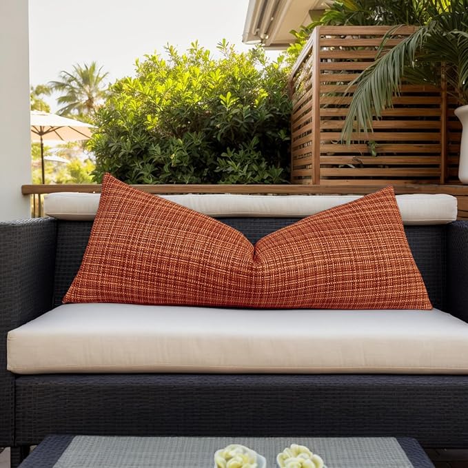 Kevin Textile Outdoor Waterproof Throw Pillow Covers 14x36 Inch Pack of 1 Woven Faux Linen Decorative Water Resistant Long Body Lumbar Cushion Covers for Tent Patio Garden Couch Sofa Burnt Orange