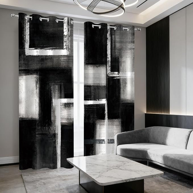 Boho Black and Grey Abstract Blackout Curtains, Retro Rustic Gray Neutral Contemporary Modern Geometric Darkening Thermal Insulated Grommet Light Blocking Drape Decor, 52 x 84 Inch Long 2 Panels