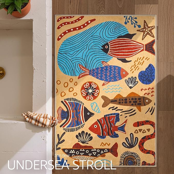 jinchan 2x3 Coastal Area Rug Kids Washable Fun Rug Colorful Ocean Fish Small Mat Non Slip Doormat Lightweight Soft Cozy Throw Carpet for Entryway Nursery Playroom Bedside Dorm Bathroom, Tan