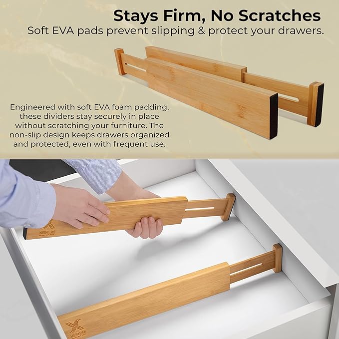 Adjustable Bamboo Drawer Dividers 6-Pack, 17-22 Inch Deep Expandable Drawer Organizer Set, Sustainable Spring-Loaded Bamboo Inserts for Kitchen, Bedroom, and Office Organization