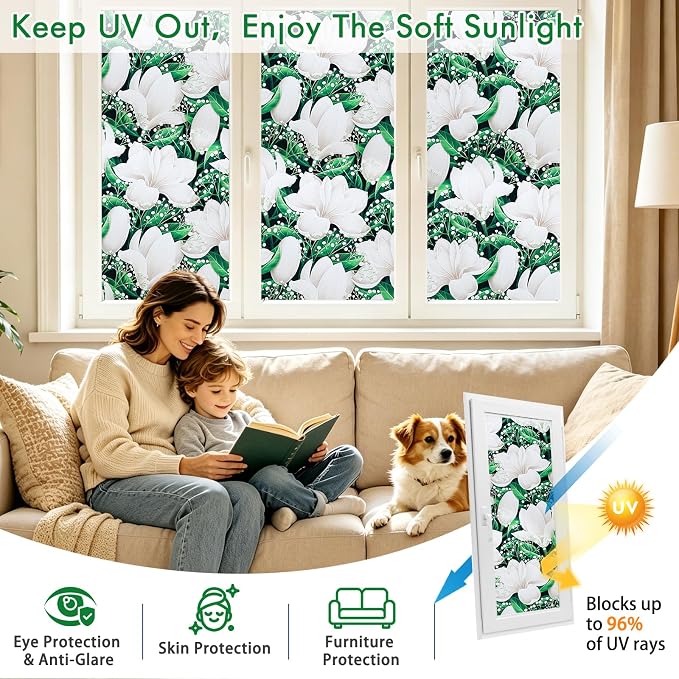SOMWISE Frosted Glass Window Privacy Film with Tools, Heat Blocking, Anti-UV, Anti-Glare, Static Cling, Decor for Home Bathroom Door, Renter Friendly, Removable, Reusable, Green 17.5Inchx78.5Inch