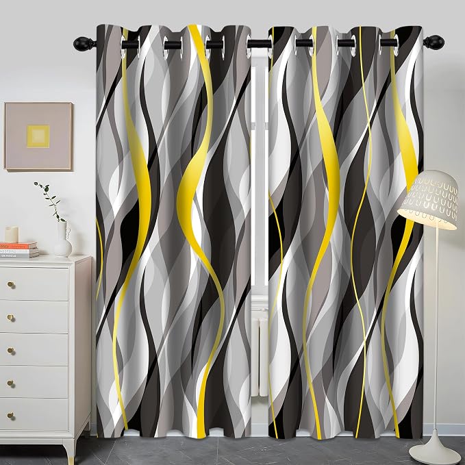 iTapnoom Black Gray Striped Blackout Curtain, Yellow White Abstract Ombre Window Curtains Darkening Thermal Insulated Window Drapes for Living Room Bedroom Decor 2 Panels 52x84 Inches