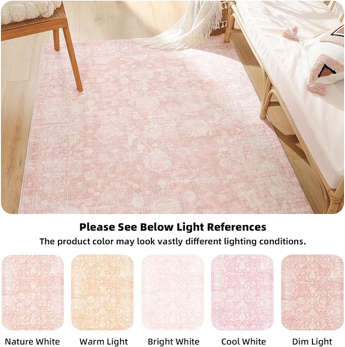 FROZZUR 3x5 Pink Washable Rug - Vintage Floral Low Pile Area Rug for Bedroom, Girls Room, Entryway - Soft Bedside Accent Carpet for Office or Kids Room