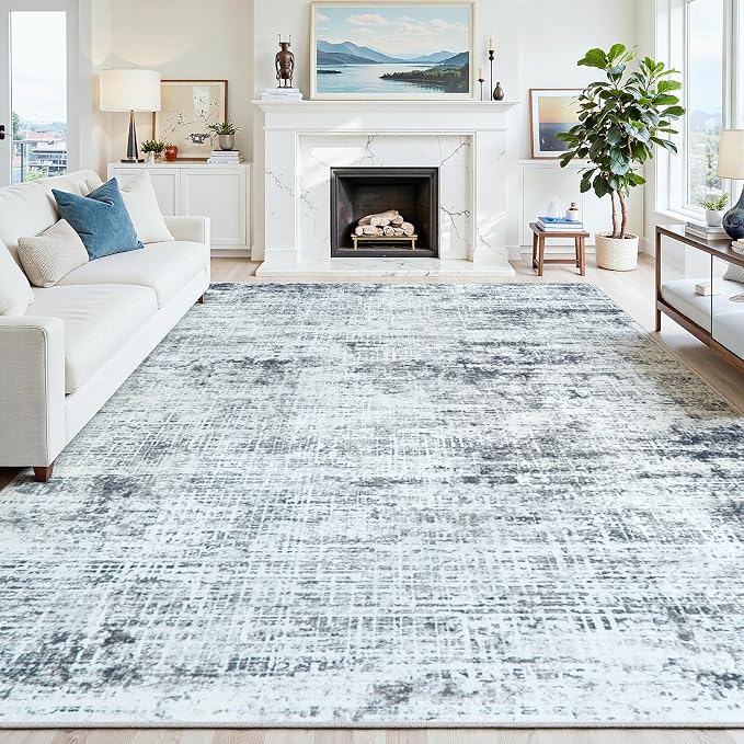 10x14 Area Rugs Washable Rug: Anti-Skid Abstract Modern Living Room Rug Soft Thin Carpets Indoor Floor Non-Shedding Carpet for Bedroom Dining Farmhouse Nursery Home Office (Black/Grey/White,10'x14')