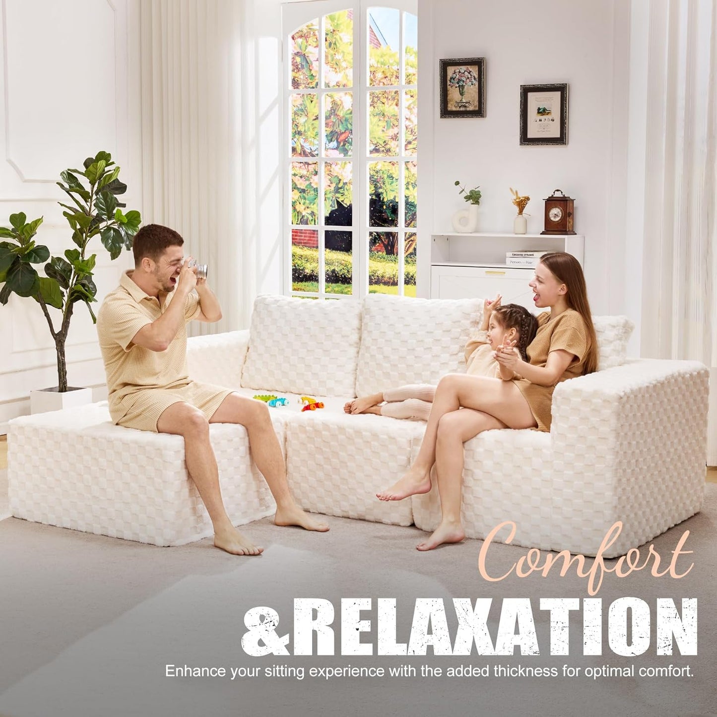 Hobestluk Modular Sectional Sofa Memory Foam Couch Oversized Sectional Sofa 3-Seater with Chaise Cloud Couch with Removable Cover L Shape Sofa for Living Room (Plush White, 3-Seater with Chaise)