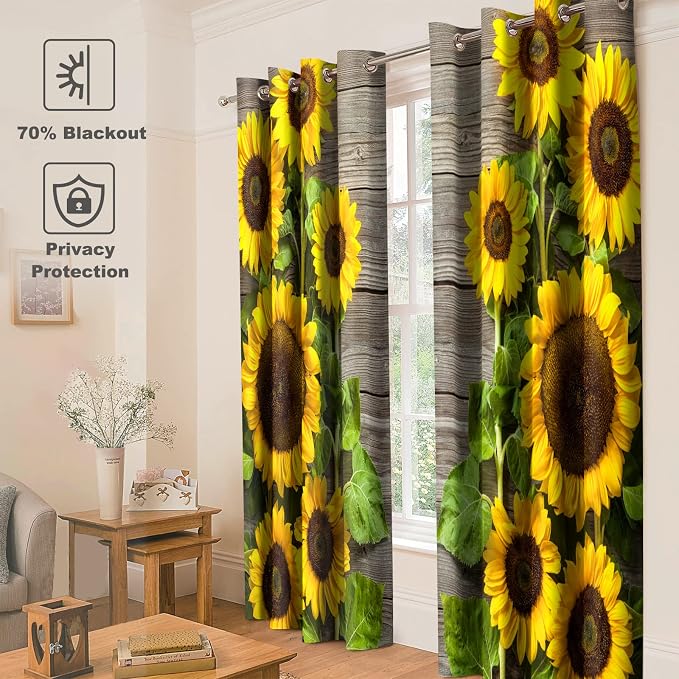 Jekeno Sunflower Floral Blackout Curtains Spring Flower on Rustic Wood Country Wooden Decor for Home Bedroom Living Room Darkening Grommet Window Drapes 2 Panel Set, 52"x63"