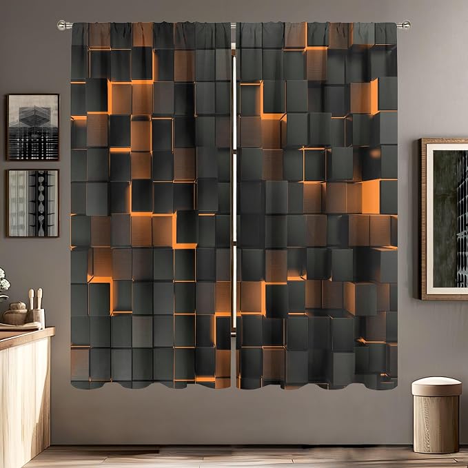 MESHELLY Abstract Black Orange Curtains 42Wx63H Inch Rod Pocket Modern 3D Gradient Design Geometric Cubes Minimalist Bedroom Window Drapes Futuristic Man Boys Printed Living Room Window Treatment