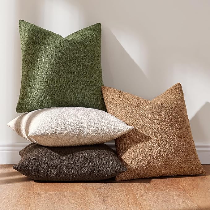 MIULEE Pack of 4 Decorative Textured Boucle Throw Pillow Covers | 20x20 Inch Green Brown Accent Pillow Cases Soft Couch Cushion Covers Modern Farmhouse Boho Sofa Bed Livingroom Home Decor