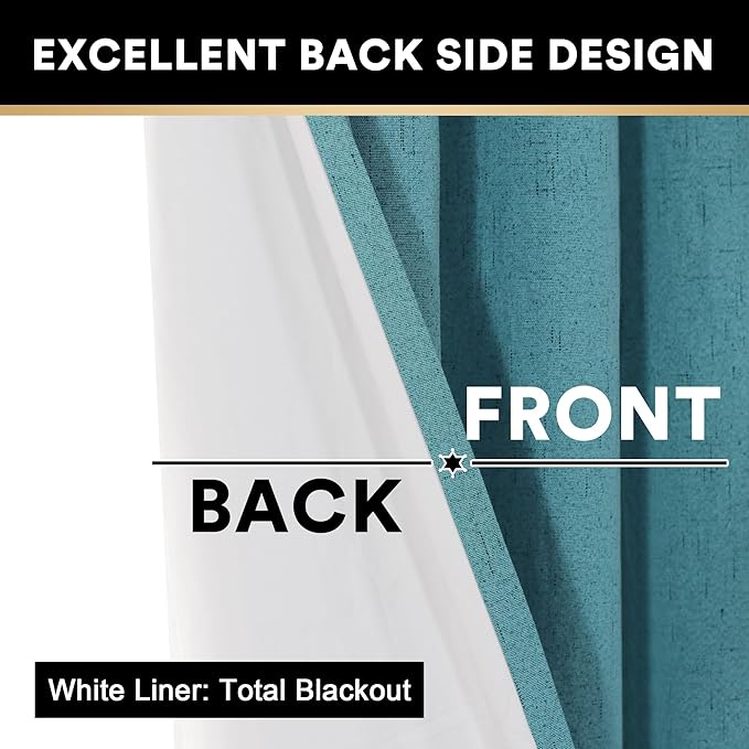 PrinceDeco 100% Blackout Linen Curtains for Bedroom Faux Linen Fabric Extra Long Curtain 96 Inches Long Room Darkening Sun Blocking Curtains with White Liner Backing,52 X 96In, Teal
