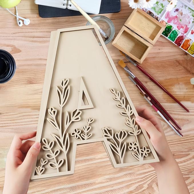 Layered 12 Inch Large Wooden Letters for Wall Decor, Flowered Paintable Wooden Nursery Letters for Crafts Wood Alphabet Letter I for Birthday Boho Nursery Name Sign Wedding Home Decoration