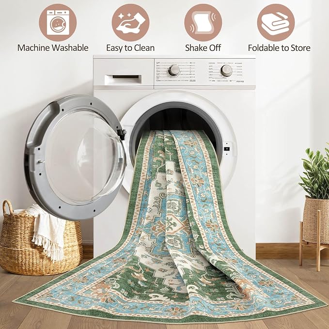 8x10 Area Rugs Living Room: Washable Boho Large Neutral Vintage Soft Rug Stain Resistant Farmhouse Non-Slip Indoor Floor Retro Carpet for Bedroom Nursery Kids Office Dining Room- Green Multi