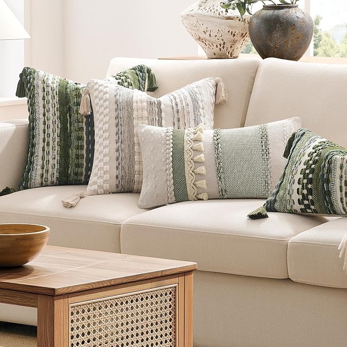 Kevin Textile 14x20 Inch Lumbar Throw Pillow Cover 1 Pack Boho Decorative Cotton Thread Woven Textured Tassel Rustic Farmhouse Rectangle Cushion Cover for Couch Sofa Chair Bed, Green