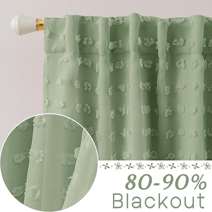 Sage Green Curtains Room Darkening Blackout Light Weight Boho Pom Pom Pattern Farmhouse Cottage Core Cottagecore Curtains for Bedroom Living Room 84 Inches Long 2 Panels