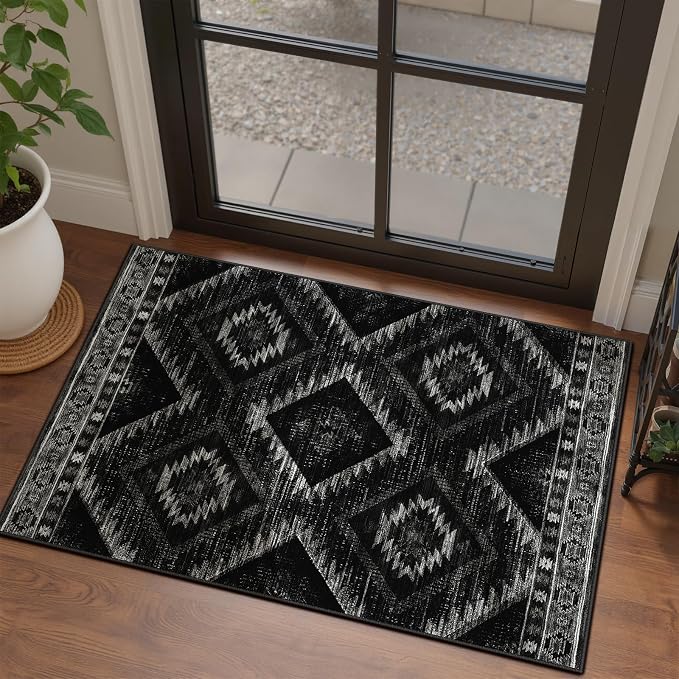 BESTSWEETIE Area Rug 2x3 Rug Machine Washable Non-Slip Low Pile Print Pattern Western Rug for Living Room Bedroom Entryway Tribal Series-Black