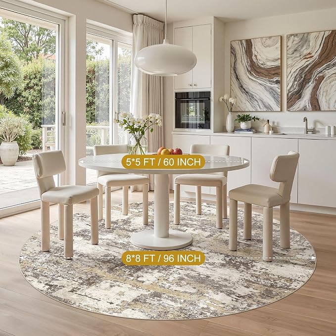 8ft Round Area Rugs for Living Room: 8x8 Abstract Washable Rug Modern Large Soft Stain Resistant Non-Slip Backing Machine Table for Bedroom Dining Room Indoor Home Office Carpet - Gold Brown