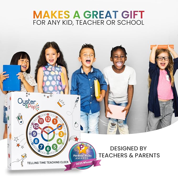 Oyster&Pop Kids Clock – Silent 10" Analog Learning Wall Clocks - Award-Winning Telling Time Teaching Clock for Kids - Bedrooms Homeschool & Classrooms - Includes eBook