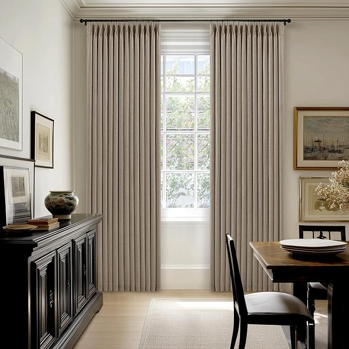 Pleated Linen Blackout Curtains 112 Inches Long for Living Room Pinch Pleat for Track System Custom Made Memory Shape Drape 100% Black Out Light Blocking Bedroom Window Curtain Greige Dark Flax
