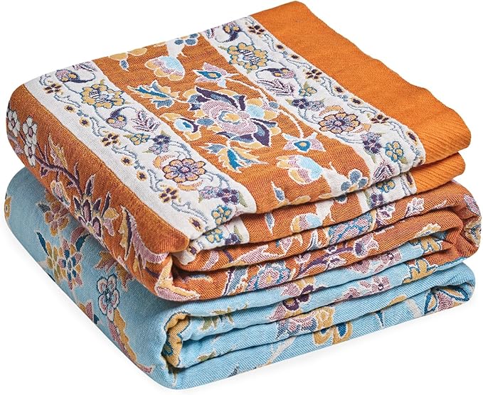 LUTBM Boho Throw Blanket for Couch Sofa Chair Cotton Spring Blankets for Bedroom Living Room All Season Lightweight Reversible Floral Embroidery Decorative Throws 50"x60"