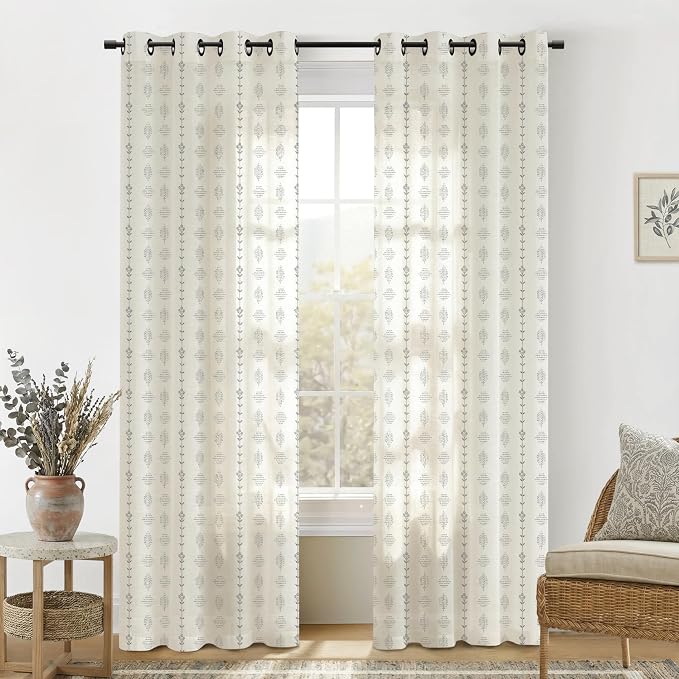 Grey Striped Linen Farmhouse Curtains for Living Room, Light Gray Linen Sheer Boho Floral Pattern Curtains for Bedroom, 52 Inch Wide x 84 Inches Long