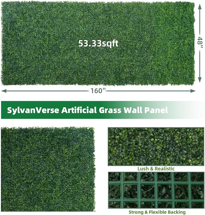 Artificial Boxwood Roll, 48x160 in(53 sqft) UV-Anti Faux Ivy Grass Wall Backdrop for Balcony Privacy, Fake Greenery Wall Decor for Garden, Patio, Backyard
