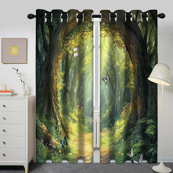 iTapnoom Enchanted Forest Blackout Curtain, Butterfly Nature Lanscape Scene Window Curtains Darkening Thermal Insulated Window Drapes for Living Room Bedroom Decor 2 Panels 52x84 Inches