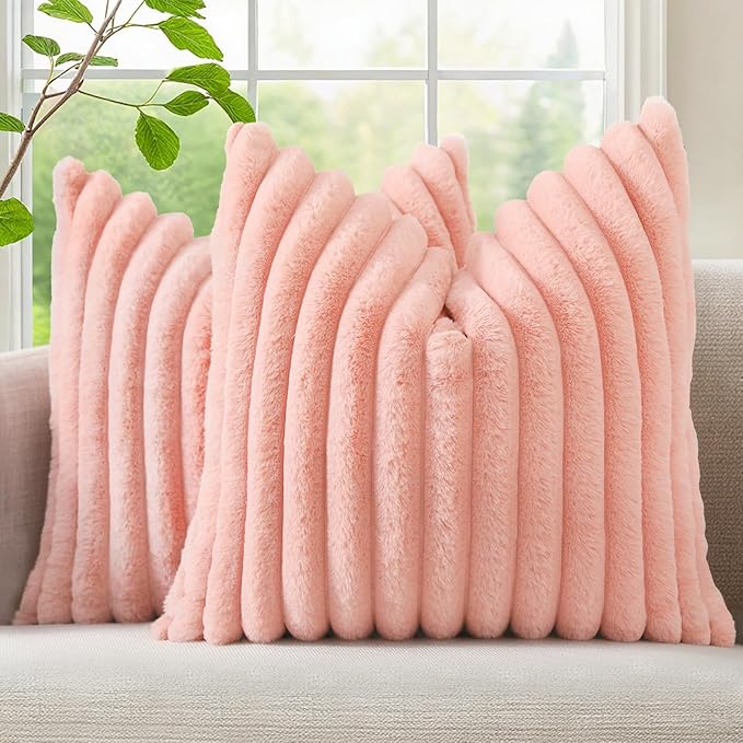 decorUhome Fall Cozy Faux Fur Throw Pillow Covers 20x20 Set of 2 Decorative Plush Striped Modern Farmhouse Boho Couch Pillow Cases with Velvet Back for Sofa Bed Living Room, Blush Pink