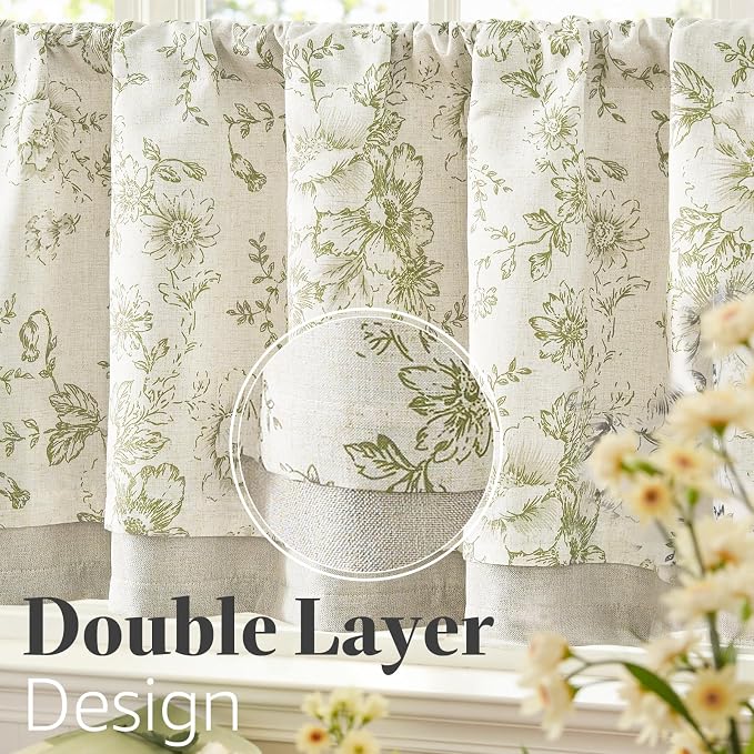 jinchan Linen Kitchen Curtain 36 Inch French Floral Double Layer Curtain Farmhouse Vintage Tier Drape Rustic Half Window Curtain for Living Room Window Treatment Rod Pocket 1 Panel Green on Beige