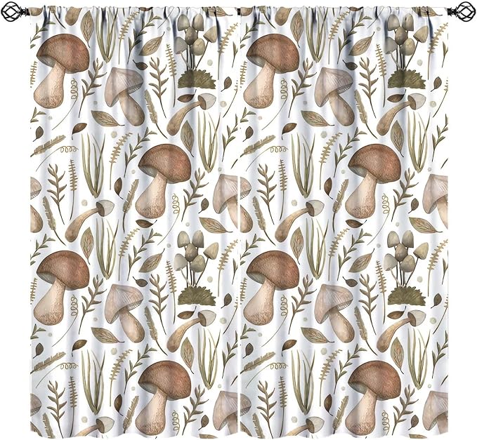 Watercolor Mushroom Curtains, Rustic Vintage Country Wild Mushroon Plants Leaves Print Blackout Window Drapes for Home Kitchen Bedroom Livingroom, 55" W X 63" L
