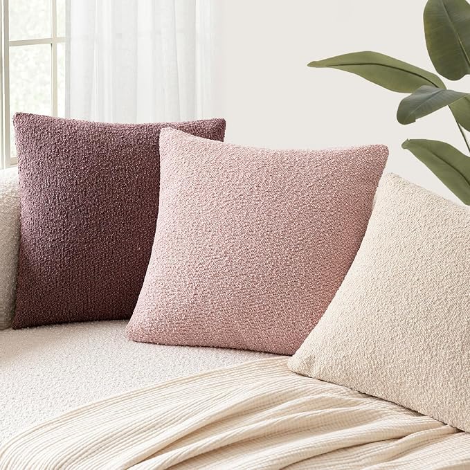 Foindtower Pack of 2 Textured Boucle Throw Pillow Covers Accent Solid Pillow Cases Cozy Soft Decorative Couch Cushion Case for Couch Chair Sofa Bedroom Living Room Home Decor 18x18 Inch Sakura Pink