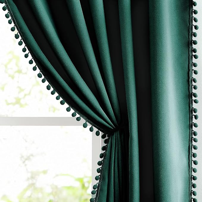 Treatmentex Green Blackout Curtains for Bedroom 84 inch Pom Pom Windows Drapes Cute Decorative Triple Weave Thermal Insulated Curtain Drapes for Nursery Room Studio Hotel 52" w x2 Panels Rod Pocket