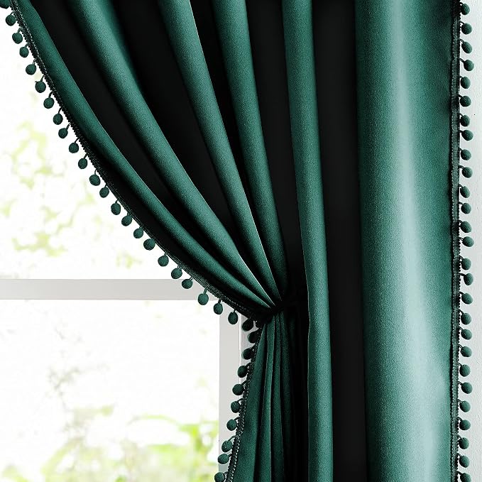 Treatmentex Green Pompom Curtains for Bedroom Living Room 95 inch Triple Weave Full Blackout Window Drapes for Hotel Men's Guest Room 52" w x2 Panels Rod Pocket