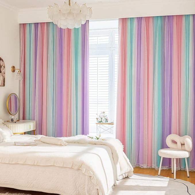 XiDi Double Layer Curtains for Nursery Girls Bedroom 84 Inches Long Full Blackout for Kids Princess Room Colorful Rainbow Design Unicorn Wall Decor Ombre Pink Purple Green Curtains W52 X L84 2 Panels