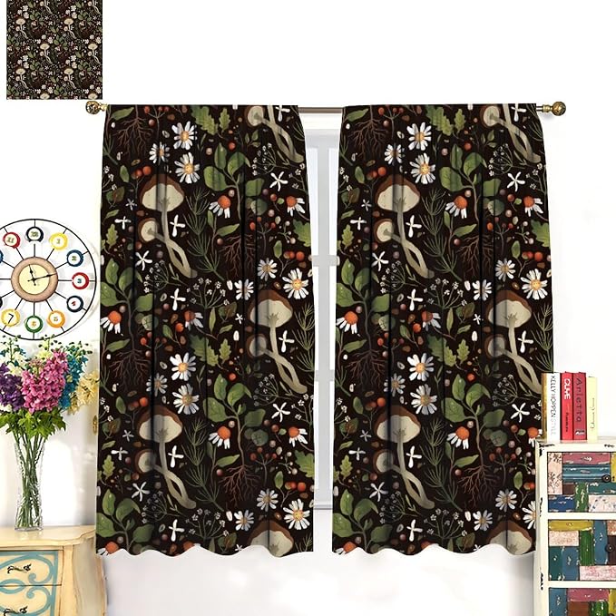 Mushroom Curtains,Green Plant Forest Botanical Print Window Treatments for Bedroom Living Room Kitchen Cartoon Herbs Floral Window Drapes 2 Panels Set,Total Size 63 x 72 Inch