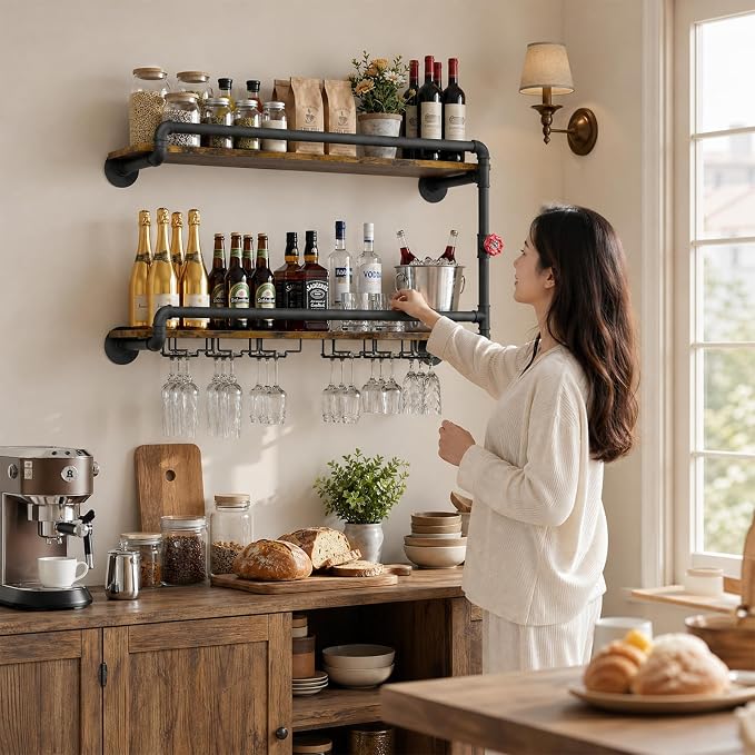 Merapi Rustic Wall Mounted Wine Rack with Stemware Holder, 2 Tier Floating Bar Shelf for Home Bar, Coffee Station, Kitchen Storage, Dining Room Wall Decor, Farmhouse Organization & Coffee Bar Decor