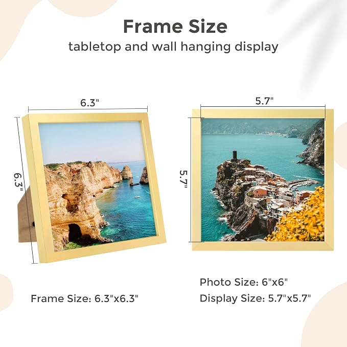 FLYJOE 6x6 Metal Picture Frame - Gold Aluminum Square Frames with Real Glass, Wall Mounting Horizontally or Vertically, Simple and Elegant Decor for Wall Gallery Poster Photo Frames, Gold