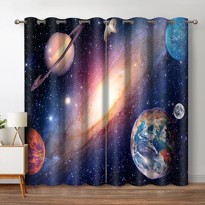 Jekeno Galaxy Planet Blackout Curtains Outer Space Universe Nebula Stars Starry Sky Decor for Kids Boys Bedroom Living Room Darkening Grommet Window Drapes 2 Panel Set, 42"x63"