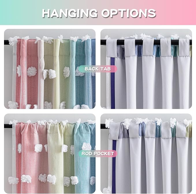 MYSKY HOME Rainbow Curtains 84 Inches Long Kids Blackout Curtain for Girls Bedroom Living Room with White Pom Pom Sheer Ombre Room Darkening Window Drapes Back Tab 52 x 84 in 2 Panels