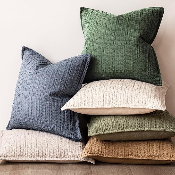 Foindtower Set of 2 Decorative Cotton Waffle Weave Throw Pillow Covers Euro Shams Cushion Covers Accent European Pillowcase for Bed Couch Sofa Bedroom Living Room Home Decor 18×18 Inch Dark Green