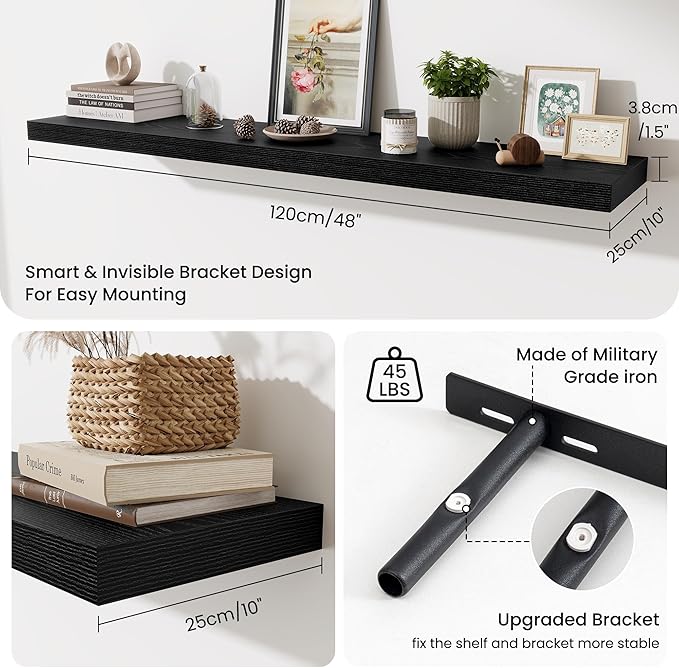 Fun Memories 55 Inch Fireplace Mantel Shelf, 10 Inch Deep Shelves for Display & Wall Storage, Rustic Wood Wall Shelf, Extra Long Floating Shelves for Living Room Laundry Room, Black, Set of 1