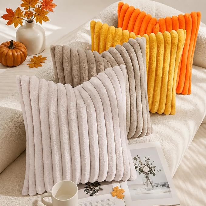 decorUhome Fall Cozy Faux Fur Throw Pillow Covers 22x22 Set of 2 Decorative Soft Plush Striped Modern Farmhouse Boho Couch Euro Sham Pillow Cases with Velvet Back for Sofa Bed Living Room, Orange