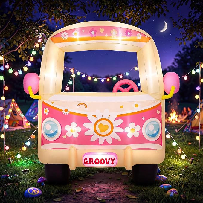 Soulchen 6ft Inflatable Hippie Bus with LED Lights and Powerful Blower Retro 60s 70s Boho Groovy Party Decoration Photo Booth Selfie Frame for Birthday Baby Shower Carnival