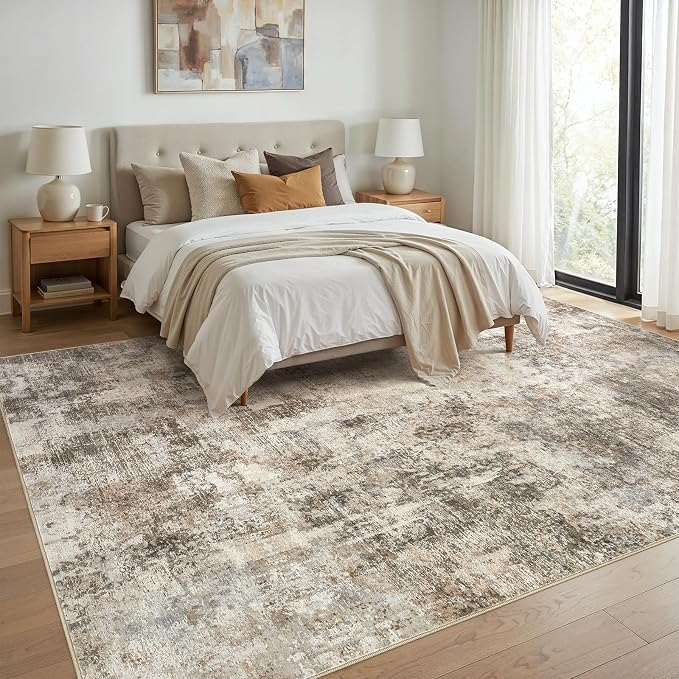 WITSHOCK Area Rugs 7x9 Living Room Rug - Washable Neutral Soft Low Pile Non-Slip Modern Abstract Thin Large Indoor Carpet for Bedroom Dining Room Nursery Office - Dark Brown