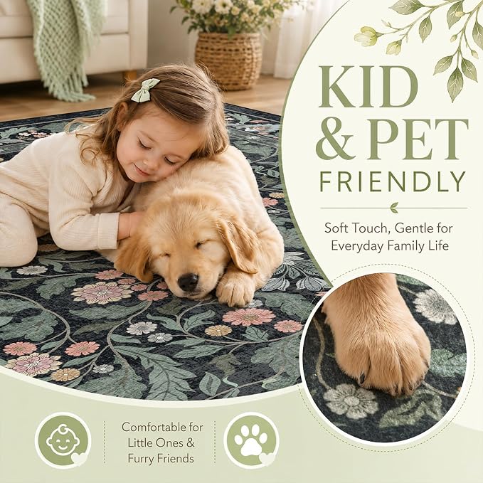 Floral Indoor Entrance 3x5 Area Rug, Washable Vintage Boho Entryway Rugs, Low Pile Non Slip Soft Carpet for Kitchen, Bedroom Beside, Laundry Room, Office Rug, Kids Room, Nursery Room，Black Green
