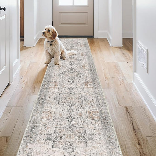 GENIMO 2x9 Runner Rugs for Hallway, Machine Washable Non Slip Vintage Rugs, Low Pile Soft Chenille Print Rug for enrtyway, Corridor, Home Office,Light Taupe Brown