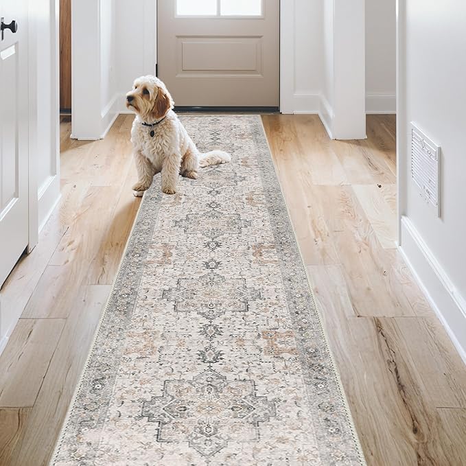 GENIMO 2x9 Runner Rugs for Hallway, Machine Washable Non Slip Vintage Rugs, Low Pile Soft Print Rug for enrtyway, Corridor, Home Office,Light Taupe Brown