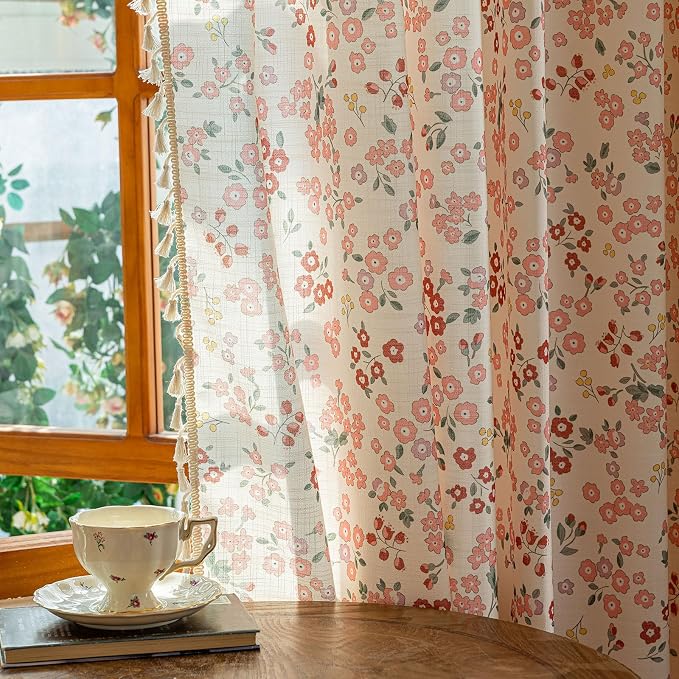 OYX Pink Boho Farmhouse Floral Curtains 96 Inch Long 2 Panels For Living Room, Flower Girl Bedroom Light Filtering Drapes, Vintage Country French Patterned Rod Pocket Aesthetic Decor Window Treatments