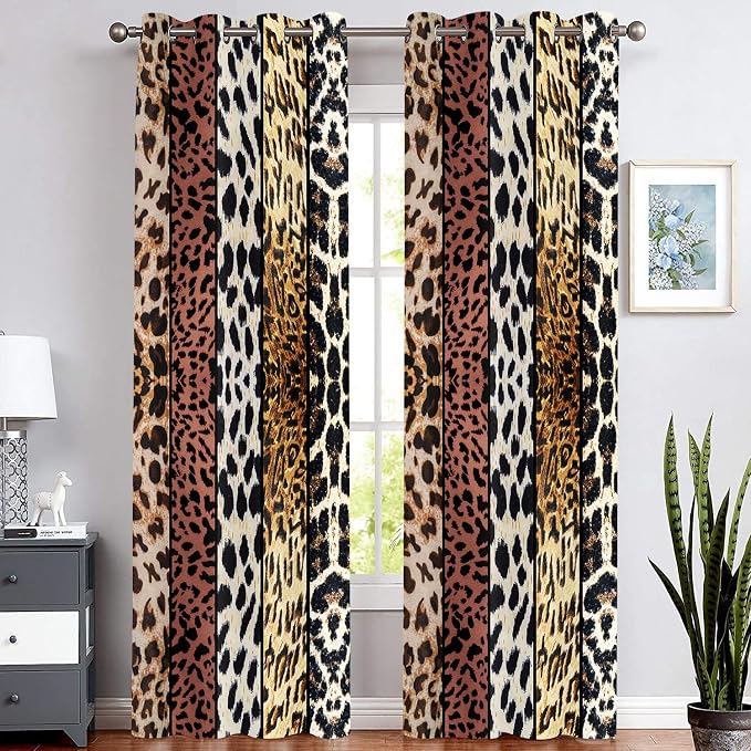 Wild Animal Print Curtain, Room Darkening Thermal Insulated Blackout Leopard Boa Window Drapes with Grommets for Living, Dining, Bedroom, Brown Leopard Print, 42"x 90", 2 Panels