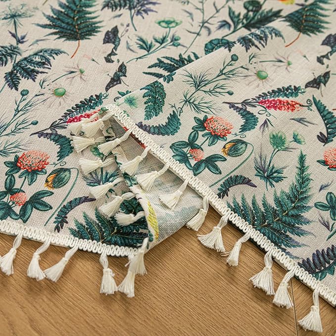 Deeprove Boho Valance Curtain 18 Inch with Tassels, Green Fern Leaf Textured Kitchen Window Sheer Linen Look Short for Spring Summer Cafe Closet Farmhouse Country Style Privacy 1 Panel 52W x 18L