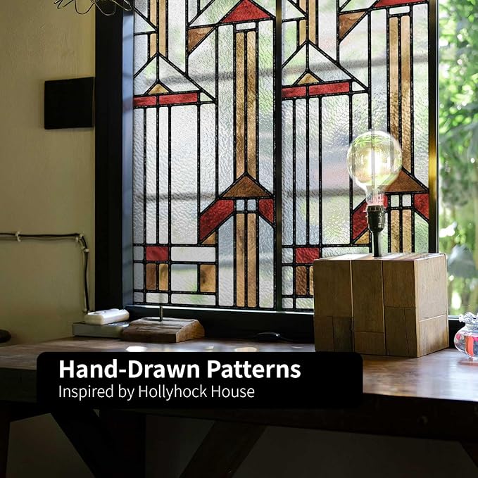 Faux Stained Glass Effect Window Privacy Film, Original Hand Drawn Static Cling Texture Sticker Inspired by Frank Lloyd Wright, 16.93" x84.65" Hollyhock House, Boho